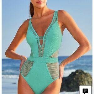 Becca Network Metallic Teal Mesh One-Piece Swimsuit size small